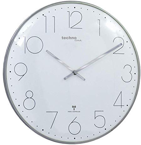 techno line, moderne, filigrane Funkwanduhr mit gewölbter Glasabdeckung und einem sehr übersichtlichen Ziffernblatt, Ø 35 cm, Chrom - Optik, 35 x 2,5 x 35 cm