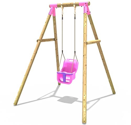 Rebo® Children's Wooden Garden Swing Set - Pluto Pink | OutdoorToys | Pressure Treated Timber, Soft Feel Ropes, Pink Baby Swing, Sturdy Construction for Kids