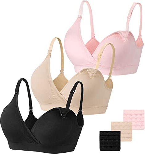 Vinfact 3 Pack Nursing Bras for Breastfeeding Seamless V Neck Maternity Bra Women Pregnancy Breastfeeding Bra - L,Black/Nude/Pink
