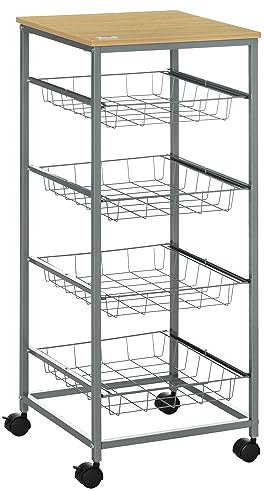 HOMCOM Chariot de Service desserte à roulettes Multi-rangements 4 tiroirs Acier MDF chêne Clair