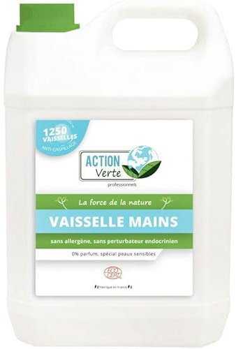 ACTION VERTE - Liquide vaisselle Mains Hypoallergénique - Nettoie, Dégraisse, Désincruste - 93% Ingrédients d'Origine Naturelle - Certifié Ecocert - Fabrication Française - 5 Litres