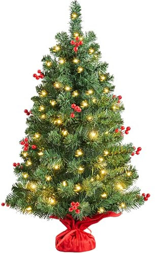 Yaheetech 3ft Prelit Tabletop Mini Christmas Tree with LED Warm Toned Lights Portable Holiday Decoration Artificial Tree with Red Berries 1 Pack