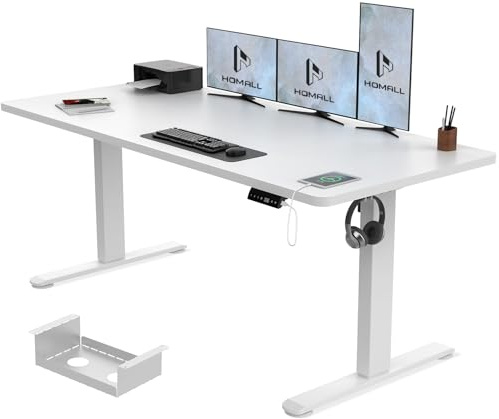 Homall 160x80cm Height Adjustable Standing Desk with Upgrade Desk Frame with Headphone Holder,Sit Stand Desk Heavy Duty Steel with 4 Memory Positions,Wihte