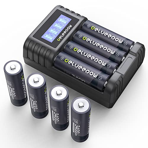 Delyeepow Pilas Recargables AA con Cargador,Paquete de 8 Pilas de Litio de 1,5 V y 3400 mWh, LCD Cargador para Ni-MH/Li-Po Pilas Recargables AA/AAA