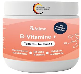 Felmo - Vitamine del gruppo B ad alto dosaggio + compresse per cani (120g) tra cui vitamina B1, B2, B3, B6 e B12 - Facile da somministrare con biotina e lievito di birra- Sviluppato e raccomandato con