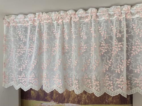 Vordesack Country House Style Net Curtain Made of Cotton with 3D Embroidery Bellflower Motif Lace Short Curtain Semi-Transparent Bistro Curtain with Rod Pocket 1 Piece Pink H x W 45 x 140 cm
