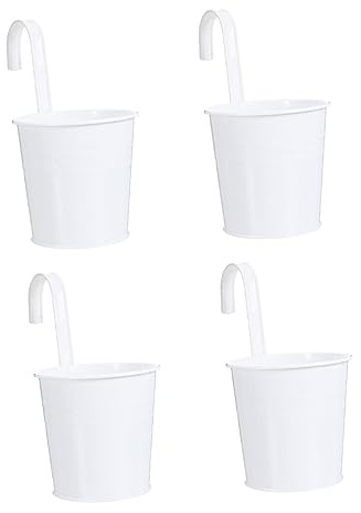 NOLITOY 4 Stück Haken Blumentopf hängend Balkon Pflanzer grau Außenhänge Korb blumentöpfe balkongeländer pflanztopf mit Haken Outdoor Pflanzen hängetöpfe blecheimer deko Metall Eisen Weiß