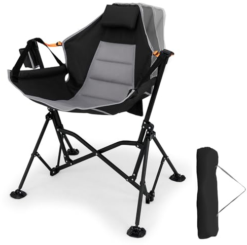 TANGZON Hammock Camping Chair, Folding Swinging Chair Recliner with Adjustable Backrest, Headrest, Cup Holder & Carry Bag, Portable Hiking Seat(No Retractable Footrest, Black)