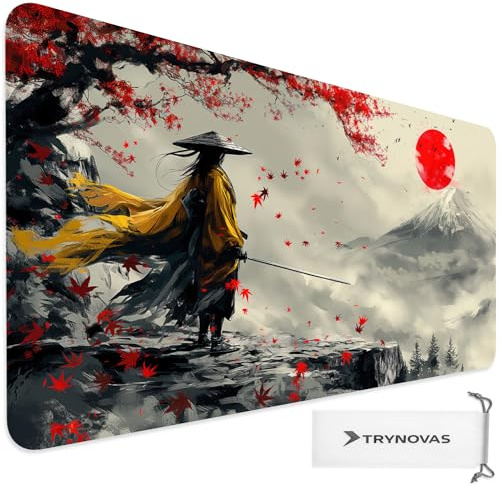 TRYNOVAS Tappetino Mouse XXL 90×40 cm (3mm) – Samurai Giapponese Fuji, Montagna & Sole Rosso – Mousepad Gaming Grande, Base Antiscivolo, Bordi Cuciti, Desk Mat per Scrivania
