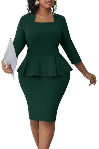 Runwind Plus Size Dress for Curvy Women Church Wear to Work Vintage Peplum 3/4 Sleeve Midi Sheath Pencil Dress Green 3XL