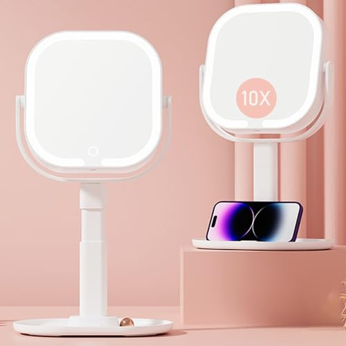 Vankarr Kosmetikspiegel mit Beleuchtung 10X Doppelseitig Vergrößerungsspiegel mit Licht Dimmbar 3 Lichtfarben Schminkspiegel, 360° Drehbar & Abnehmbar