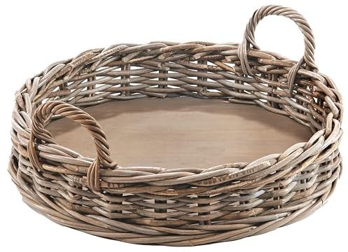 Kobolo Serviertablett aus Rattan | Ø 48 cm | grau | rund mit Holzboden & Griffen | handgeflochtenes Tablett im Landhausstil | Robustes Dekotablett für Küche, Wohnzimmer, Couchtisch oder Terrasse