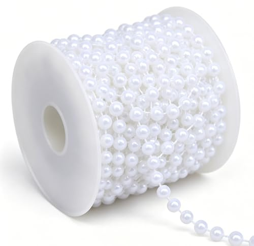Faux Pearl Bead Garland, 5 m (16.4 Ft) White Pearl Chain Roll | Cut To Size, Glossy Pearl Finish, Roll For Easy Handling, Wedding And Craft Projects, 5 mm Bead Diameter