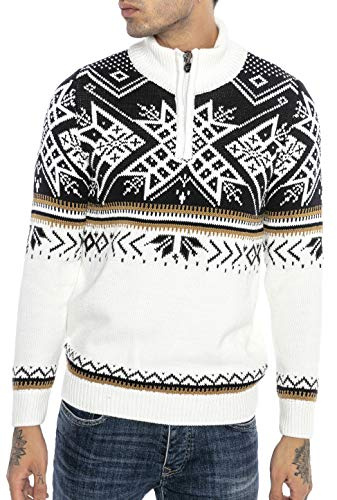 Suéter de Punto para Hombres Estilo Noruego Jersey Pulóver con Cuello Alto y Cremallera Blanco XXL