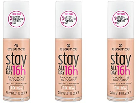 Essence Stay All Day, fond de teint longue tenue, 16 heures, résistant aux bavures, waterproof, n. 10 Soft beige, nude, longue tenue, matifiant, mat, vegan, sans huile, waterproof