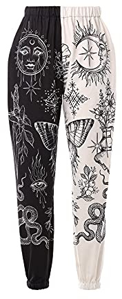 Amuver Women's Boho Hippie Harem Pants High Smocked Waist Printed Patchwork Sweatpants Yoga 90S Goth Baggy Casual Trousers White/Black