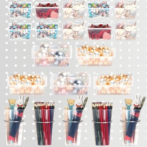 20 Pack Pegboard Cups Pegboard Bins Set, Pegboard Wall Organizer with Hooks and Loops, Peg Hooks Assortment Organizer Accessory for Garage Craft Workshop Office Storage (Clear)