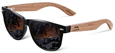Amexi Holz Sonnenbrillen/Sonnenbrille mit Holzbügeln aus Walnuss für Damen & Herren/Polarisierende Brillengläser mit UV400-Schutz