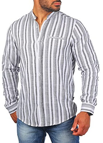 Carisma Herren Langarm Stehkragen Hemd mit trendigen Längsstreifen Retro Kontrast Look 8533, Grösse:S, Farbe:Schwarz
