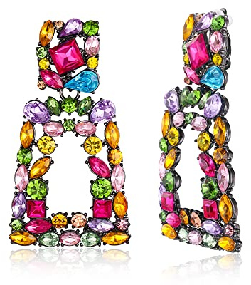 EVER FAITH Rechteckige Ohrclips für Damen funkelnde Strasssteine geometrische Statement Ohrringe Clips on Bunt Schwarz-Tone