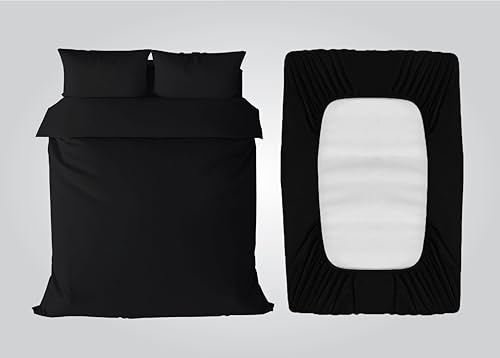 APEX FURNISHINGS 4 Piece Bedding Double Bed Set, Black Soft Brushed Microfiber Duvet Cover Sets, Fitted Sheet with Pillow Cases- Double Bedding Set.