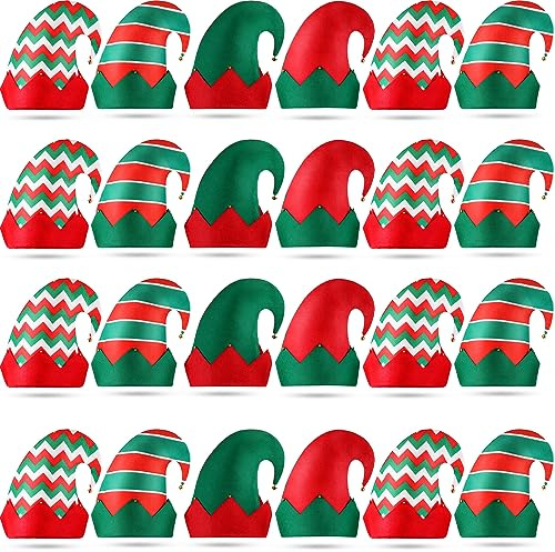 Yaomiao 24 Pack Christmas Elf Felt Hat Green and Red Elf Hats Bulk Santa Hat with Bell for Christmas Party Costume Favors (Lovely)