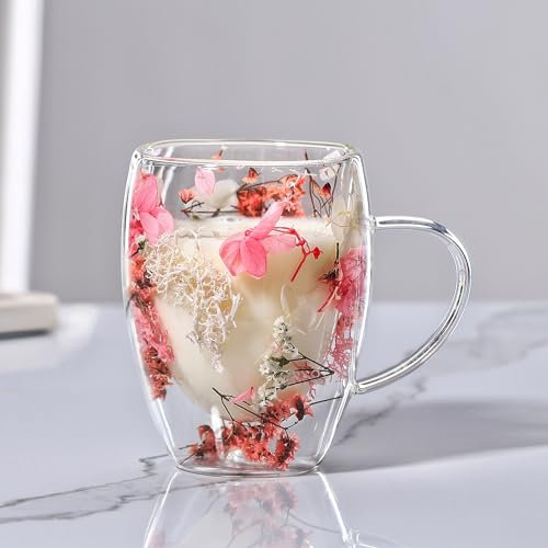 LEKUNI tazas de cafe con Flores Secas, 350ml vasos cafe cristal, taza doble pared cristal, tazas cafe espresso de Vidrio Transparente para nespresso, Espresso, leche, Té(rosa)