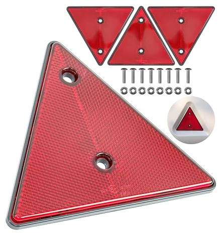 Your Day Mate Triángulos reflectores para remolque, paquete de 4, en rojo, con juego de tornillos, longitudes laterales de 15 cm, distancia entre agujeros de 70 mm, con marca E, reflector trasero