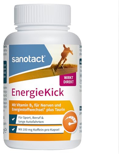 sanotact EnergieKick Dose (90 Kapseln) • Energie Kapseln als Energie Booster • Koffeintabletten mit Taurin & Vitamin B2 • Wachmacher bei Müdigkeit & für mehr Energie • 100% Vegan