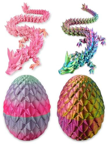Guador 3D Printed Egg with Dragon, Pack of 2 Mysterious Dragons, Figures Surprise Easter Dragon Eggs, Home Decor, Silk Rainbow Colour + Silk Candy Colour