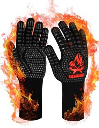 Beesgarden Gants de Barbecue, Gants Anti Chaleur Jusqu'à 800°C, Antidérapants Silicone Ignifuge Gant Cuisine avec Protection de l'avant-Bras, pour BBQ, Gril, Cuisson au Four, Cheminée (S/M, Noir)