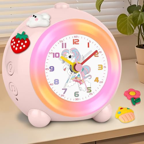 SOCICO Réveil Analogique pour Enfant Design Licorne, Silencieux sans tic-tac Jolie pêche avec Lumière Colorée Volume Réglable (Rose pâle)