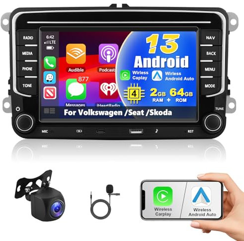 2GB RAM + 64GB ROM CarPlay Autoradio per VW/Seat/Skoda/Golf/Caddy, 7 Pollici Android Auto Touchscreen con Bluetooth WiFi, GPS, HiFi, RDS/FM Radio, USB, SWC, CANBUS+Mic+AHD Telecamera Retrovisiva