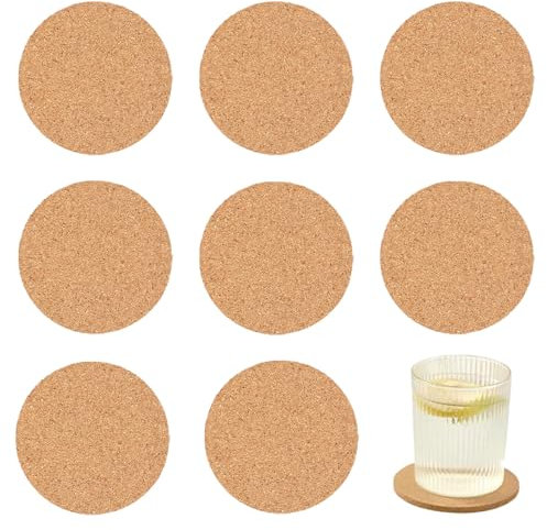 JIADEXIN 8 Pezzi Sottopentola in Sughero Rotondi 10 cm - Sottopentola in Sughero in Vetro Antiscivolo 3 mm di Spessore Set di Sottobicchieri in Legno per Piante, Bevande, Tazze, Bicchieri