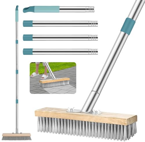 Jortmrd Balai Métallique en Acier avec Manche Amovible, 136cm Balai Métallique en Acier Longueur réglable pour Enlever la Mousse du Jardin, Taches Tenaces