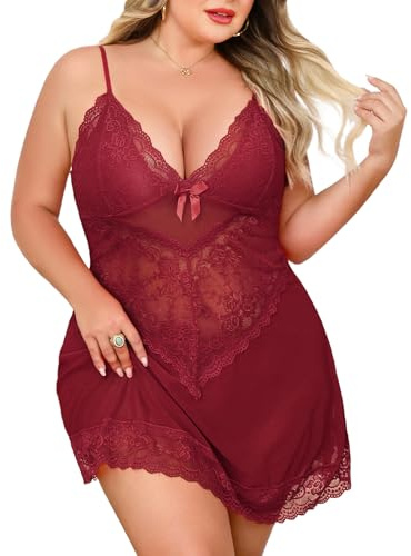 UMIPUBO Underkläder Dam Sexig Babydoll Toppstorlek Underkläder Spets Underkläder Nattlinne Set med V-ringning Pyjamas Spets Klänning Sovkläder G-String Plus Storlek, Vinröd, 3XL