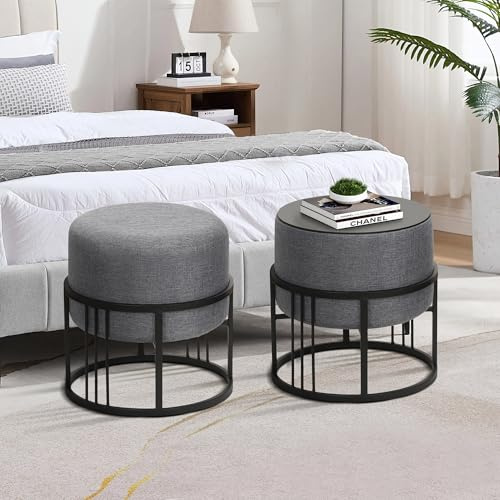 [en.casa] Lot de 2 poufs empilables avec Fonction de Table 2 in 1 Tabouret Rond Repose-Pieds Rembourré Multifonctionnel Élégant pour Salon Séjour Polyester MDF Métal 38 x 38 cm Gris Foncé