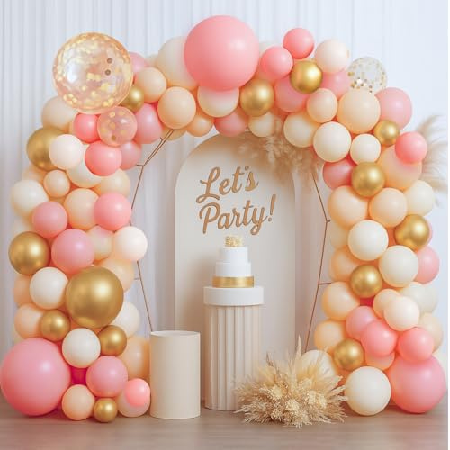 Kit Arco de Globos 152 Piezas – Decoración Cumpleaños, Boda, Baby Shower – Globos Blanco, Oro Metálico, Rosa Vintage y Beige Morandi – Guirnalda con Globos Metálicos y Confeti Dorado para Fiesta