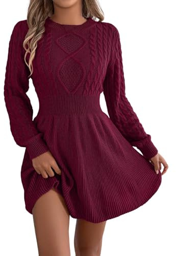Duohropke Abito da donna, elegante, lavorato a maglia, invernale, a linea A, mini abito, tunica, caldo, maglione invernale, comodo, morbido, pullover, abito invernale con scollo rotondo, maglione
