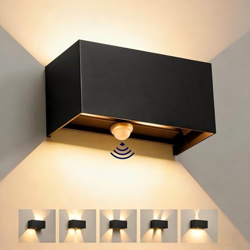Ledronix 24W LED Aplique Pared Exterior con Sensor de Movimiento, 3000K 2400Lm Lampara Exterior LED, IP65 Impermeable Apliques Exterior, Blanco cálido, Ángulo de haz Ajustable, Aluminio (Negro)