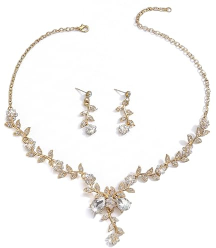 LAOYEFACAI Blomma halsband och örhängen för kvinnor - kristall smycken set för bröllop, brud, glittrande strass, 2 st smycken set