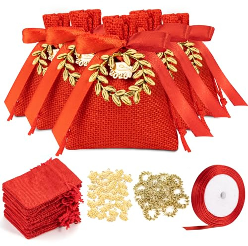 30 Pezzi Bomboniere Laurea Portaconfetti, Sacchetti Portaconfetti con Ciondoli Corona e Nastro Rosso per Confetti Bomboniere Decorazione Laurea Cerimonia (Rosso Oro-2026)