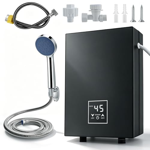 Mini scaldabagno istantaneo da 5500 W, 220 V, scaldabagno elettrico con LED 30-55 ℃ e set doccia, IPX4, scaldabagno compatto per doccia, cucina, camper (nero)