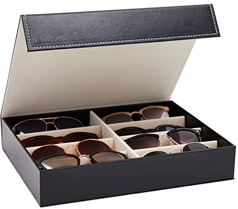 Juvale Glasses Case Organizer - 8-Slot, 12.6 x 9.8 x 2.5 in, Black Faux Leather - Sunglasses Storage & Holder for Nightstand & Desk - Flip-Top Display Case