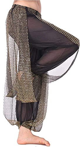 Leemiman Women Belly Dance Costume Pants Sequin Shinny Harem Yoga Pants Arabic Halloween Black Trousers (Black)