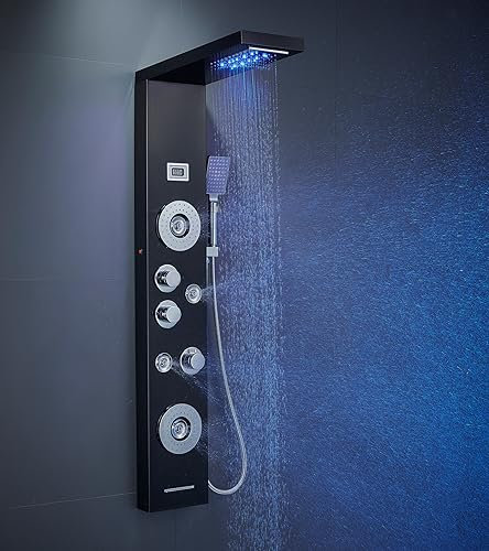 KEOKBON Pannello doccia a LED in acciaio inox 304 con 5 funzioni (ugelli massaggianti, doccia a pioggia, doccetta a cascata, beccuccio per bagno), montaggio a parete, sistema doccia, colore nero