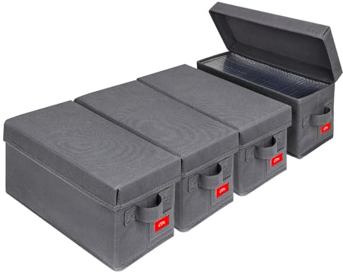 NUSWOR Upgrades CD Storage Box - Perfect CD Case Storage Solution, Stackable CD Organizer with Lid, 4Pack CD Holder 14.37 x 5.5 x 6.3 Inches - Holds 140 Jewel Cases - Grey