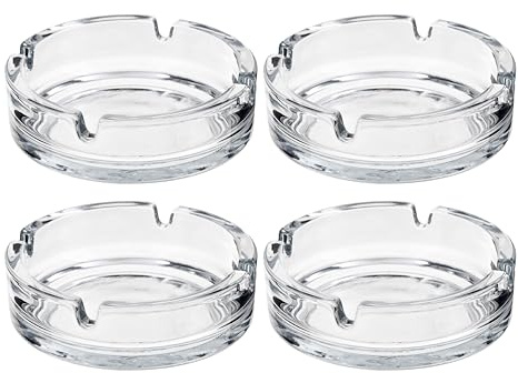 HOMESHOPA Round Glass Ashtrays, 4 Pack Solid & Practical Transparent Glass Ash Tray for Cigarettes Cigars, Clear Stackable Ashtray for Indoor Outdoor Home Office Restaurant Decorative Tabletop