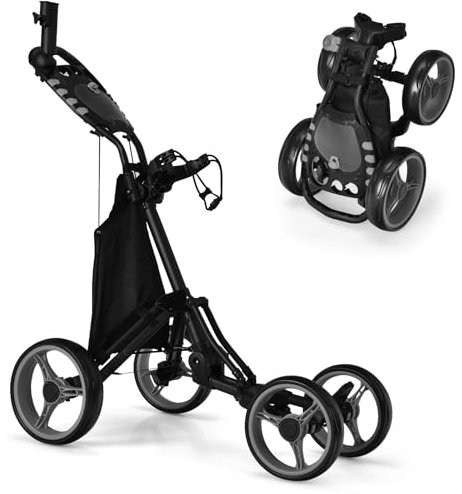 GOPLUS Golf Trolley, Golftrolley 4 Rad mit Verstellbarer Griff, Fußbremse, Golfwagen klappbar mit Scorecard-, Schirm- & Getränkehalter & Aufbewahrungstasche, Golfcaddy Golf Push Cart (Grau)