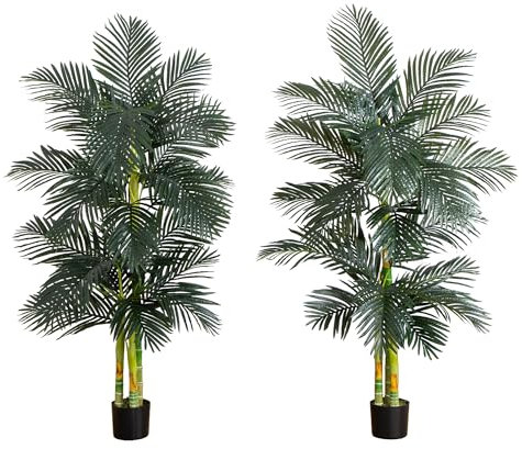 Nearly Natural 6-FT Artificial Golden Cane Palm Tree Set of 2 Fake Palm Trees with Three Realistic Trunks and 21 Lifelike Palm Fronds, Faux Palm Plants for Indoor Home Décor with Black Nursery Planter